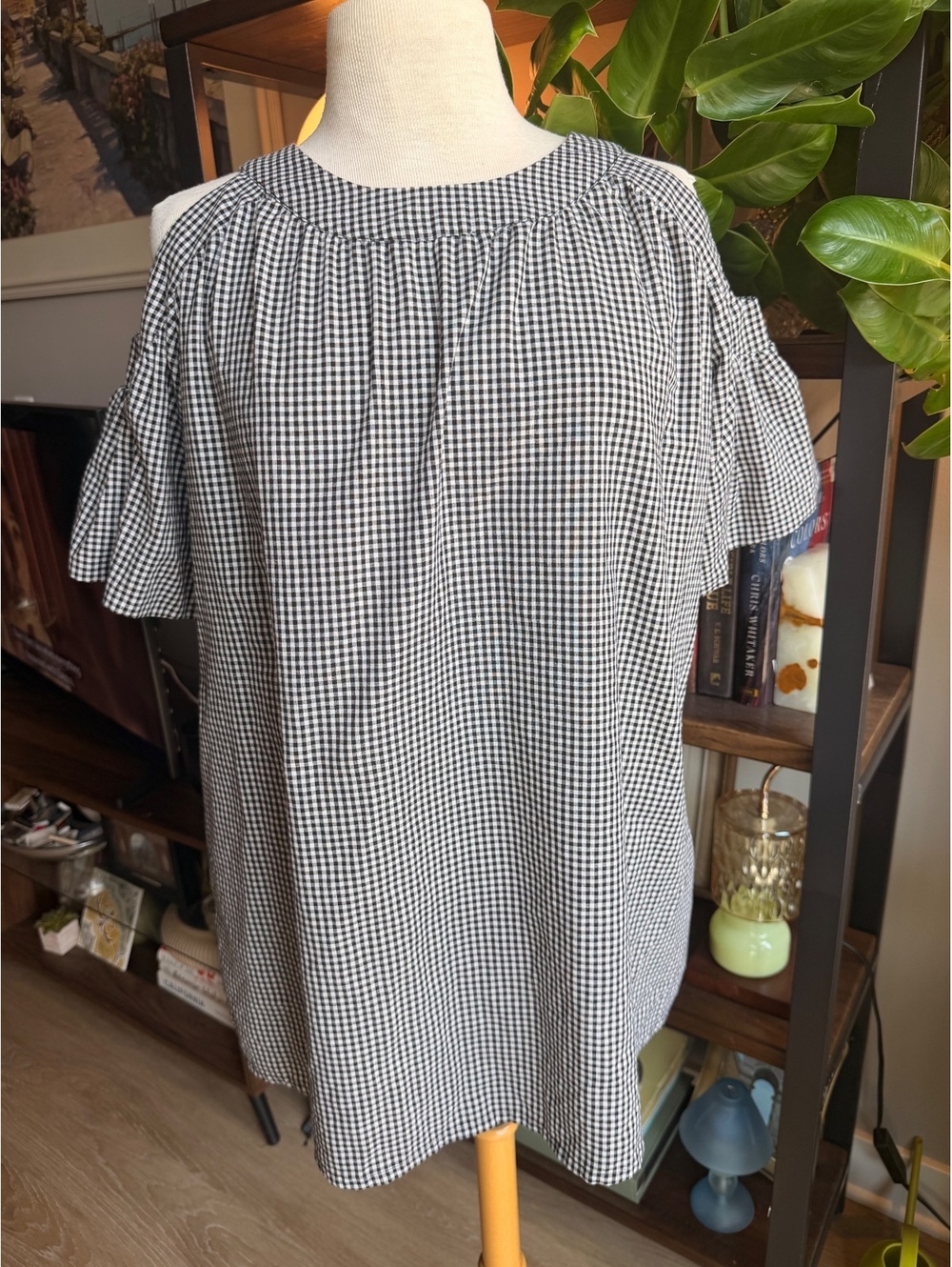 Saks Fifth Avenue Black and White Gingham Cold Shoulder Dress with Tie Back XS